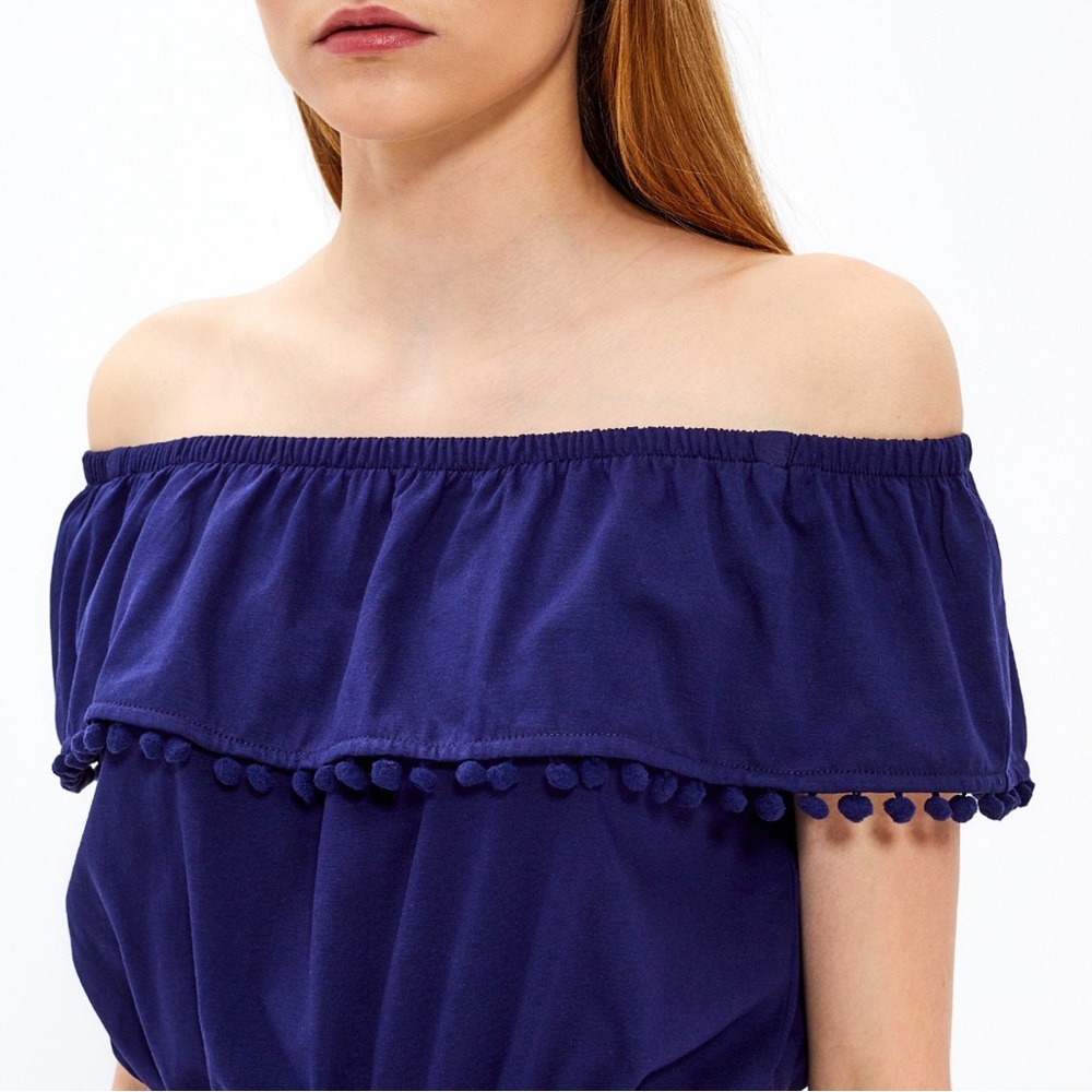 UNIQUE SPECTRUM ROYAL BLUE OFF SHOULDER BLOUSE | POM POM TRIM |BOHO TOP | RESORT